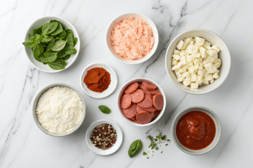 Ingredients for a gluten-free pizza bowl laid out.