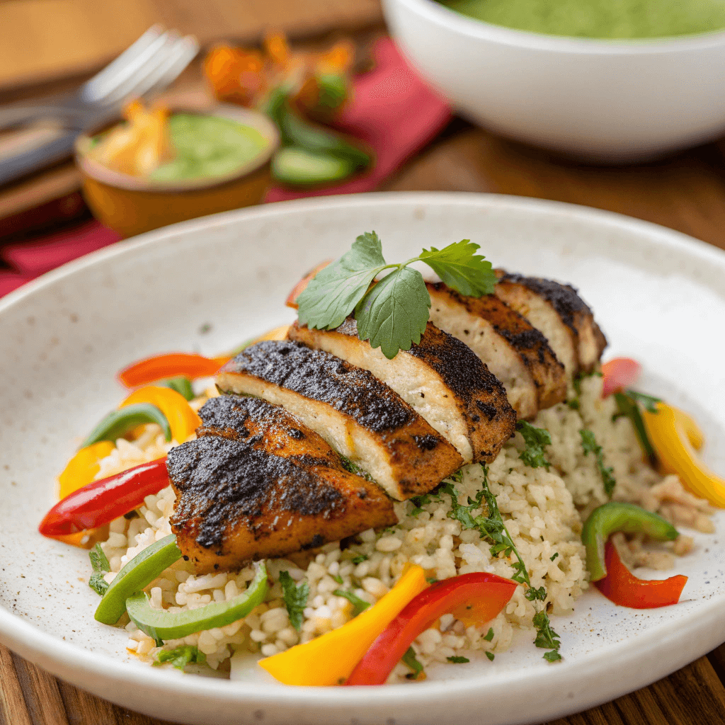 Blackened chicken served over rice with veggies