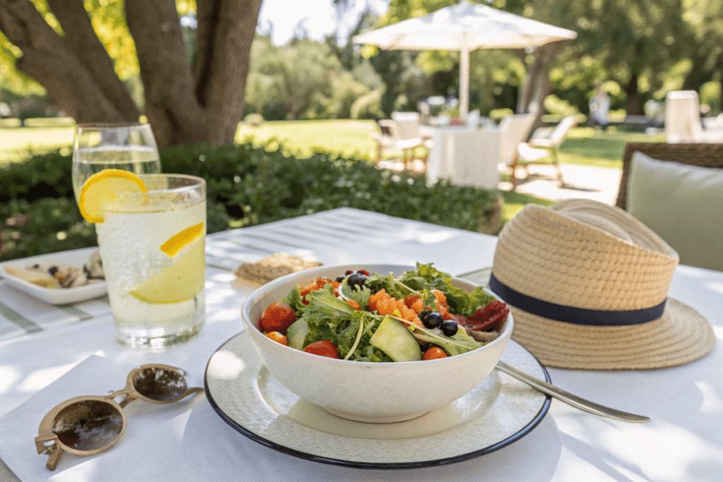 Served bowl of summer salad on patio table
