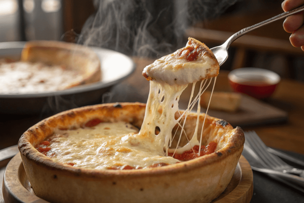 Spoon stirring a creamy, melted Cottage Cheese Pizza Bowl.