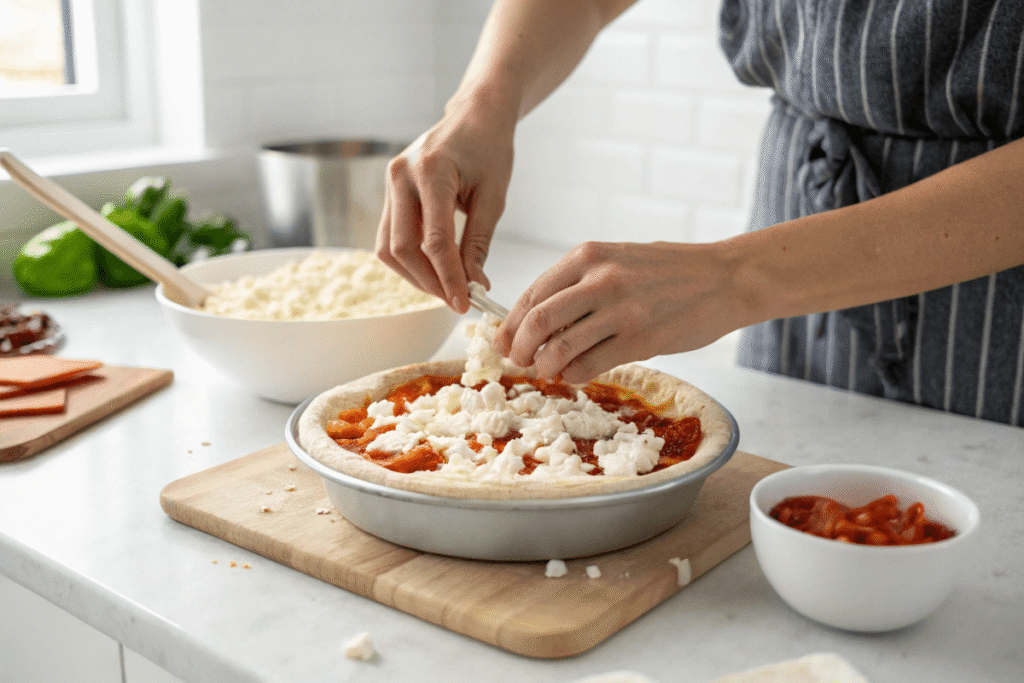 Hands quickly assembling a high protein pizza bowl in a modern kitchen.