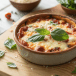 Steaming hot Cottage Cheese Pizza Bowl with melted cheese and basil.