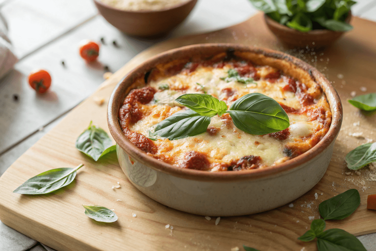 Steaming hot Cottage Cheese Pizza Bowl with melted cheese and basil.