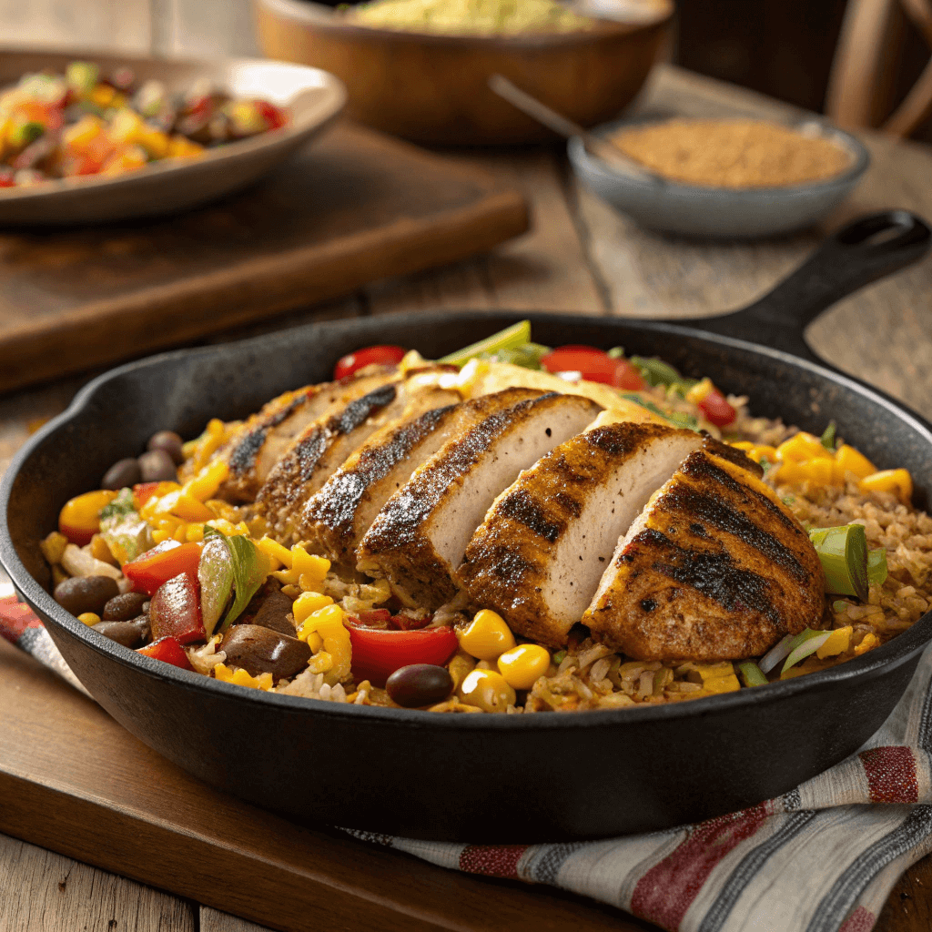 Skillet of chicken and rice with vegetables	