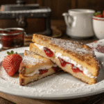 Fried strawberry cheesecake sandwich with jam and cream cheese