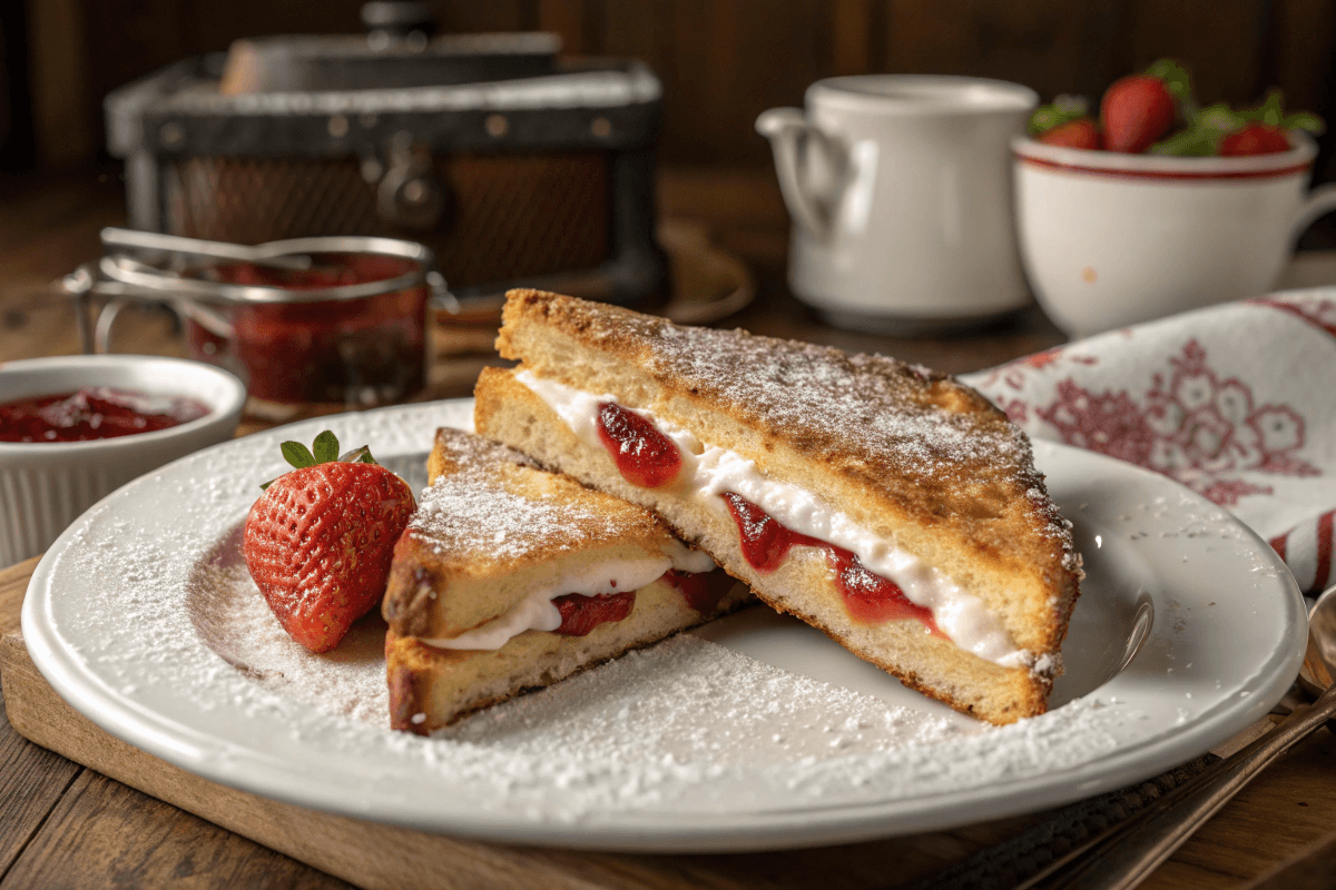 Fried strawberry cheesecake sandwich with jam and cream cheese