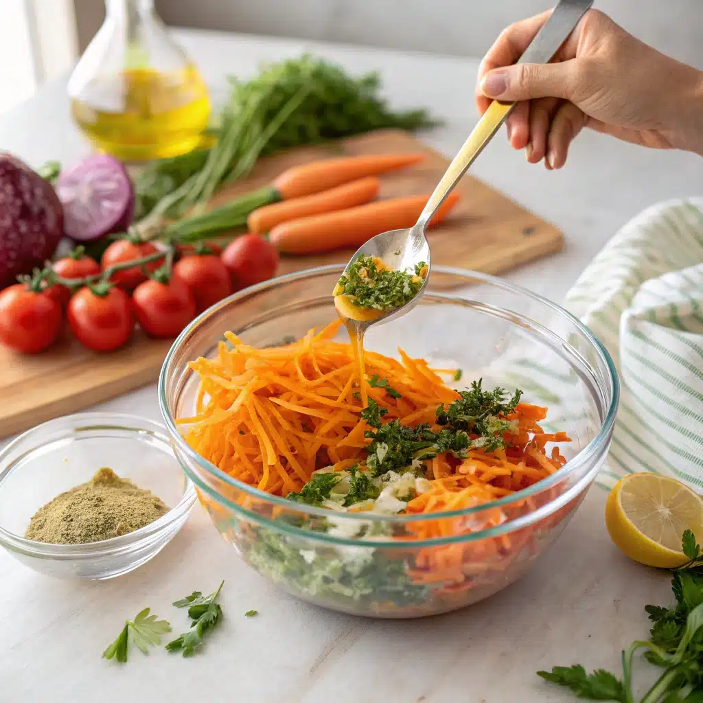 Mixing raw carrot salad in a glass bowl	