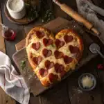 Heart-shaped pull-apart sourdough pizza on rustic table