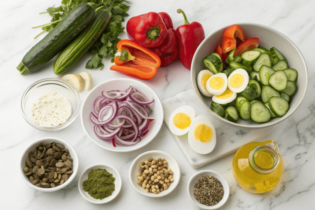 Ingredients for summer salad on marble table