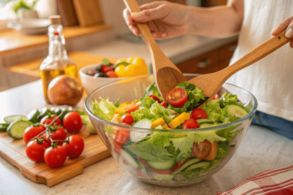 Mixing summer salad with dressing