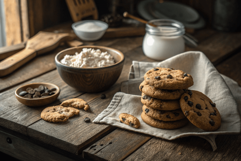Chocolate chip cookies with cottage cheese on wooden table