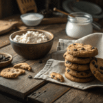 Chocolate chip cookies with cottage cheese on wooden table