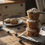 Stack of gluten-free dairy-free banana blueberry muffins