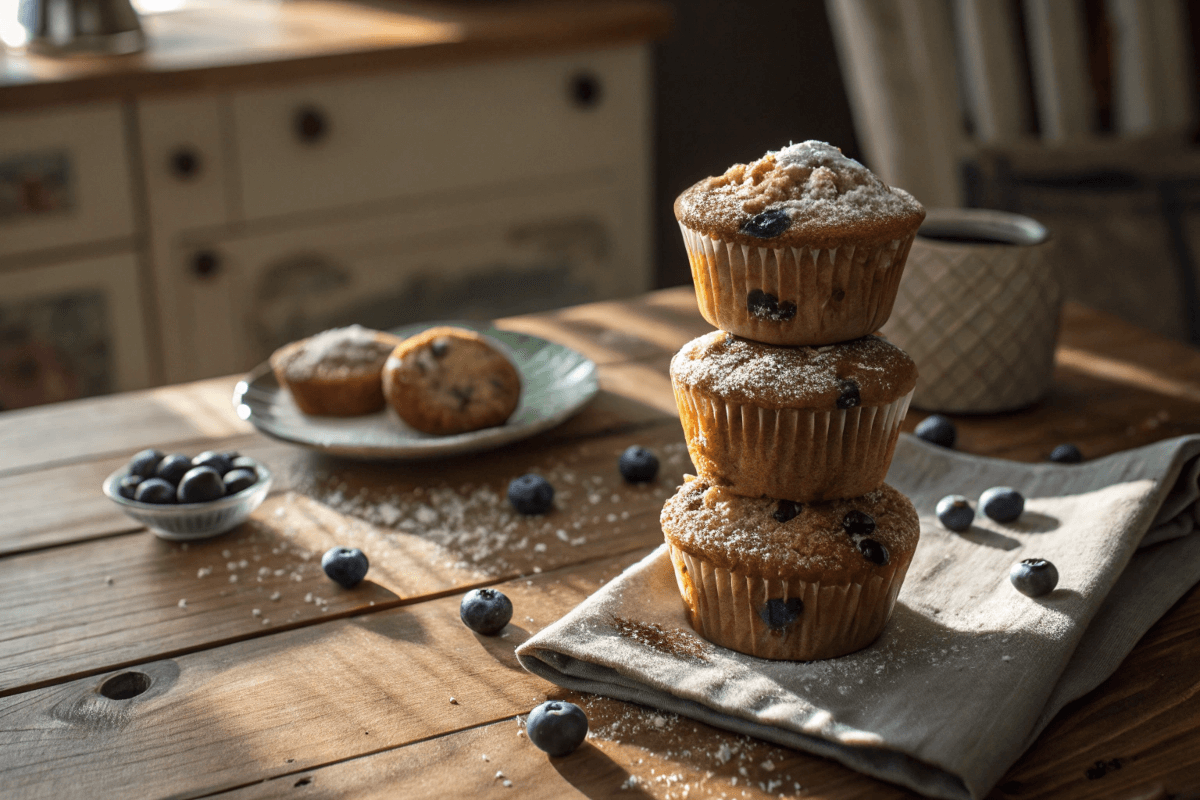 Stack of gluten-free dairy-free banana blueberry muffins