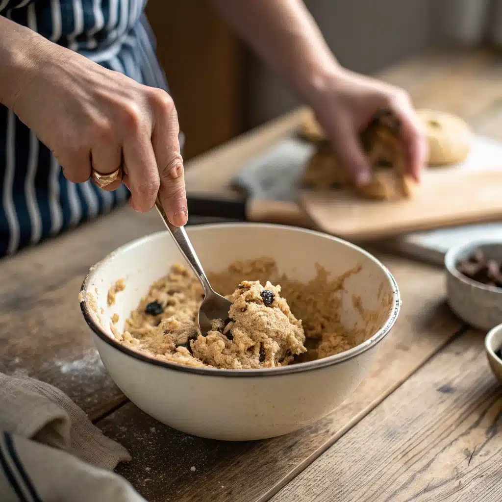 Mixing protein cookie dough in a bowl