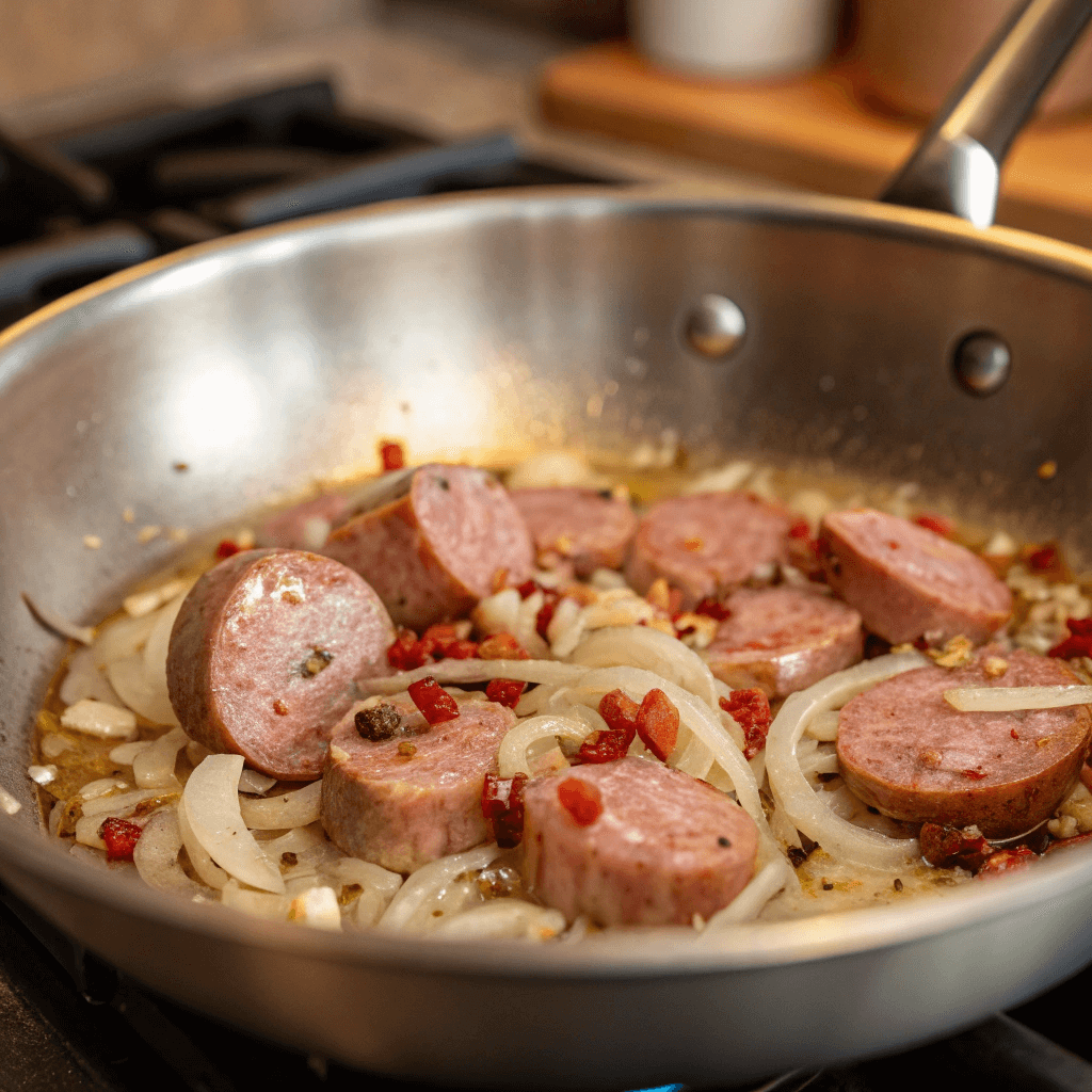 Cooking Italian sausage and aromatics