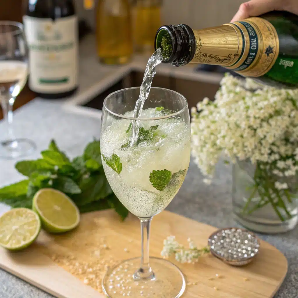 Pouring prosecco into Hugo Spritz glass	