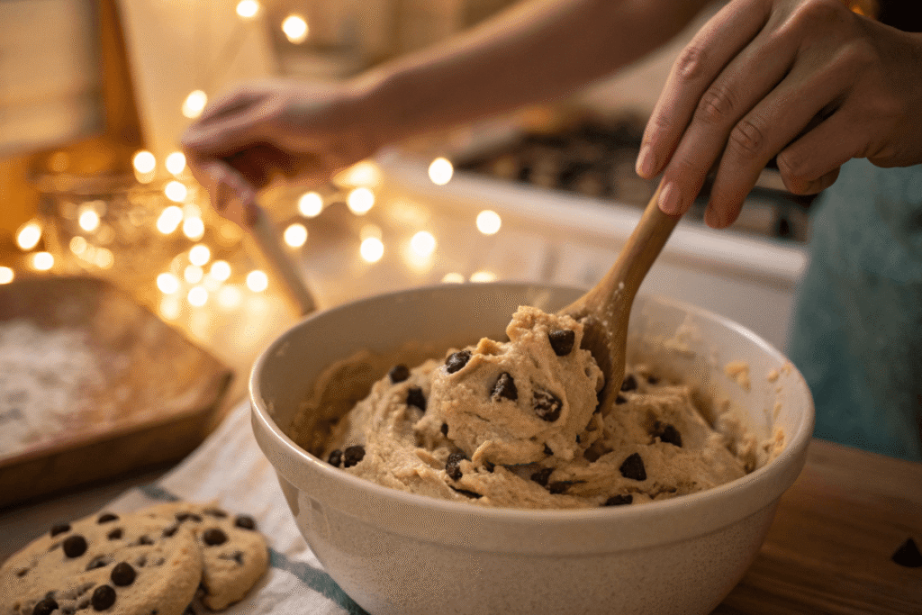 Mixing cookie dough with chocolate chips	