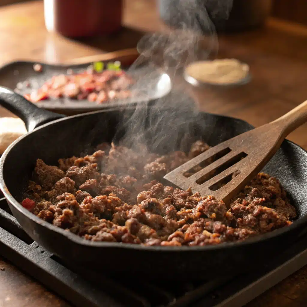 Ground beef cooking in skillet