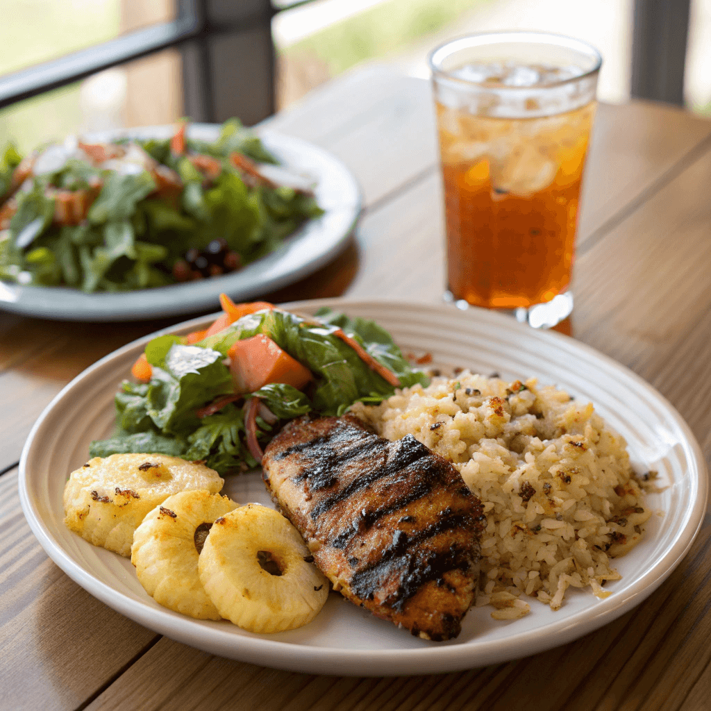Blackened chicken and rice served with sides	