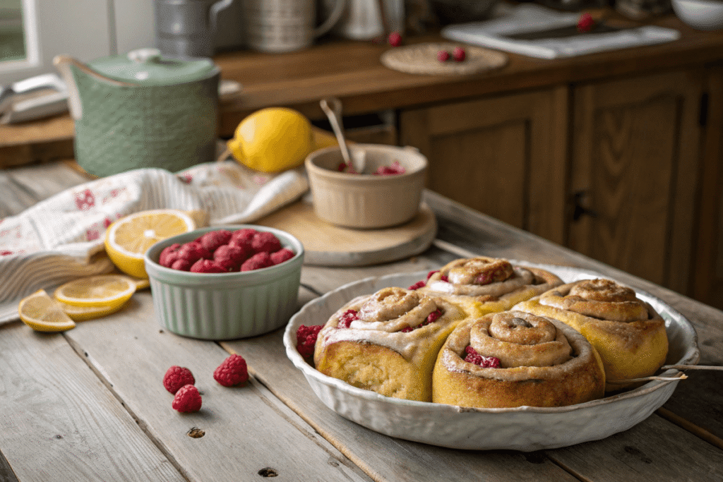 Freshly baked raspberry cinnamon rolls with lemon glaze
