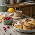Freshly baked raspberry cinnamon rolls with lemon glaze