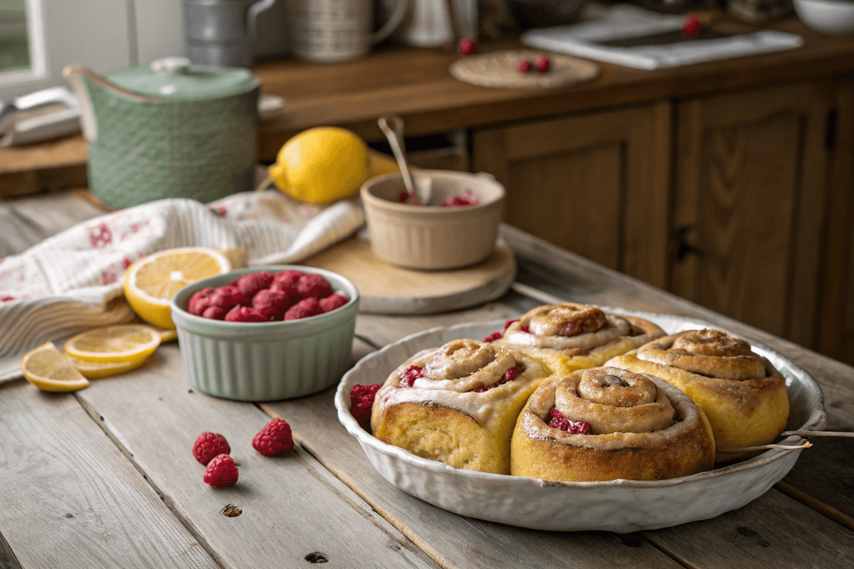 Freshly baked raspberry cinnamon rolls with lemon glaze