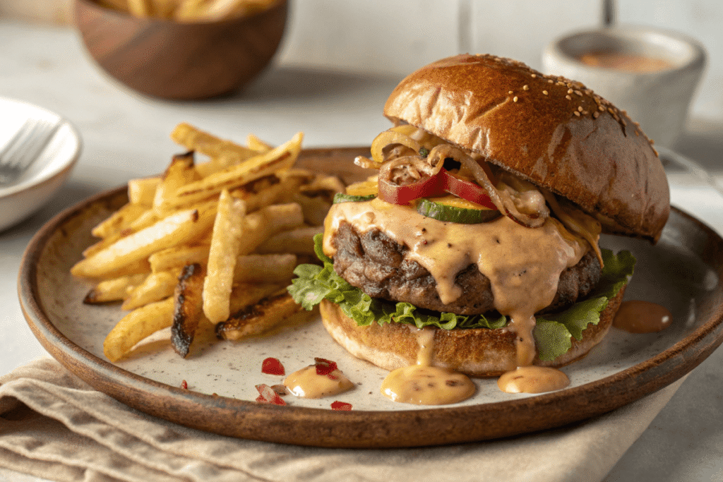 Assembled smashburger with fries