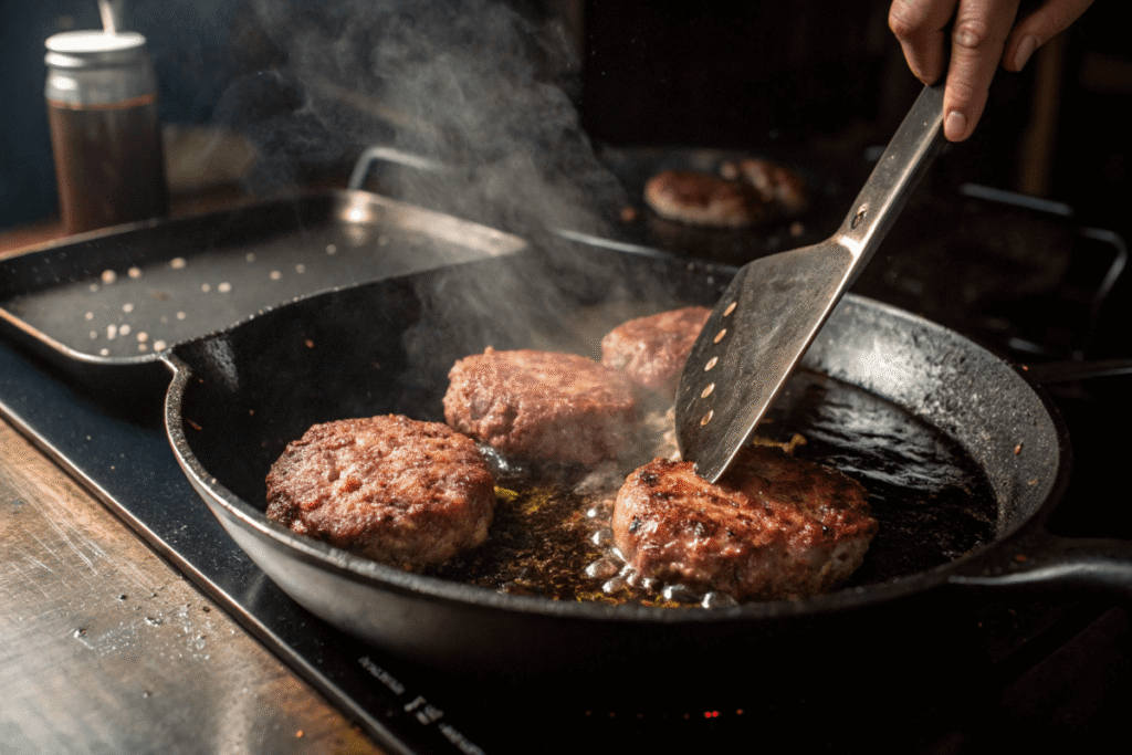 Beef patties cooking in skillet
