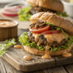 Gluten-free homemade smashburger on a wooden table