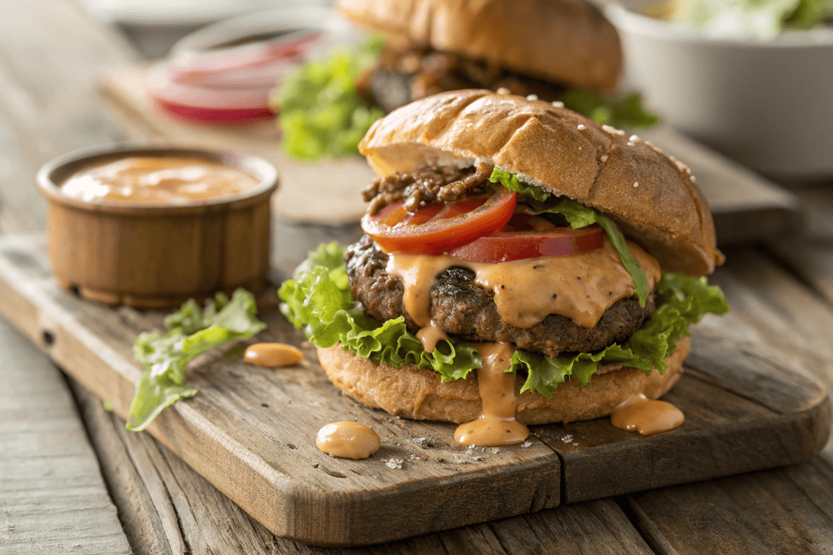 Gluten-free homemade smashburger on a wooden table