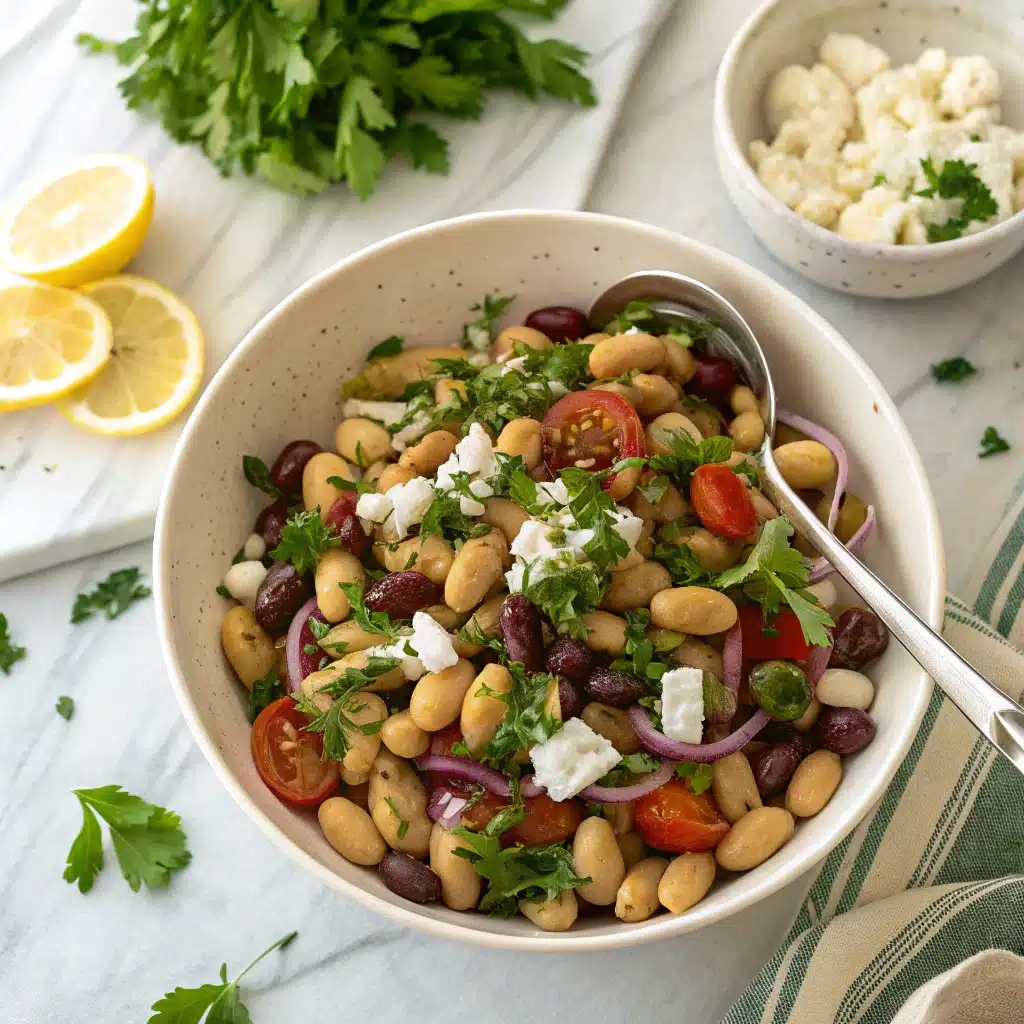 Mediterranean dense bean salad in white bowl