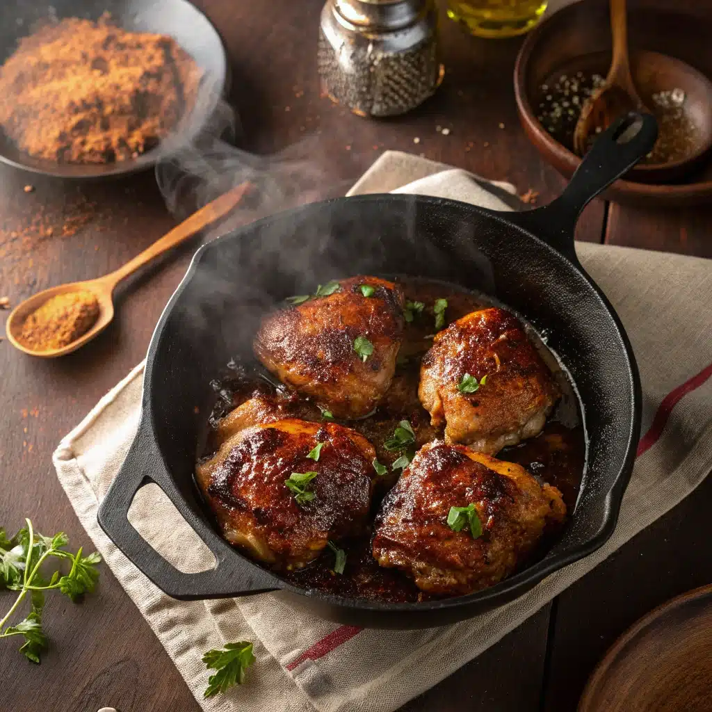 Chicken thighs searing in honey chipotle glaze