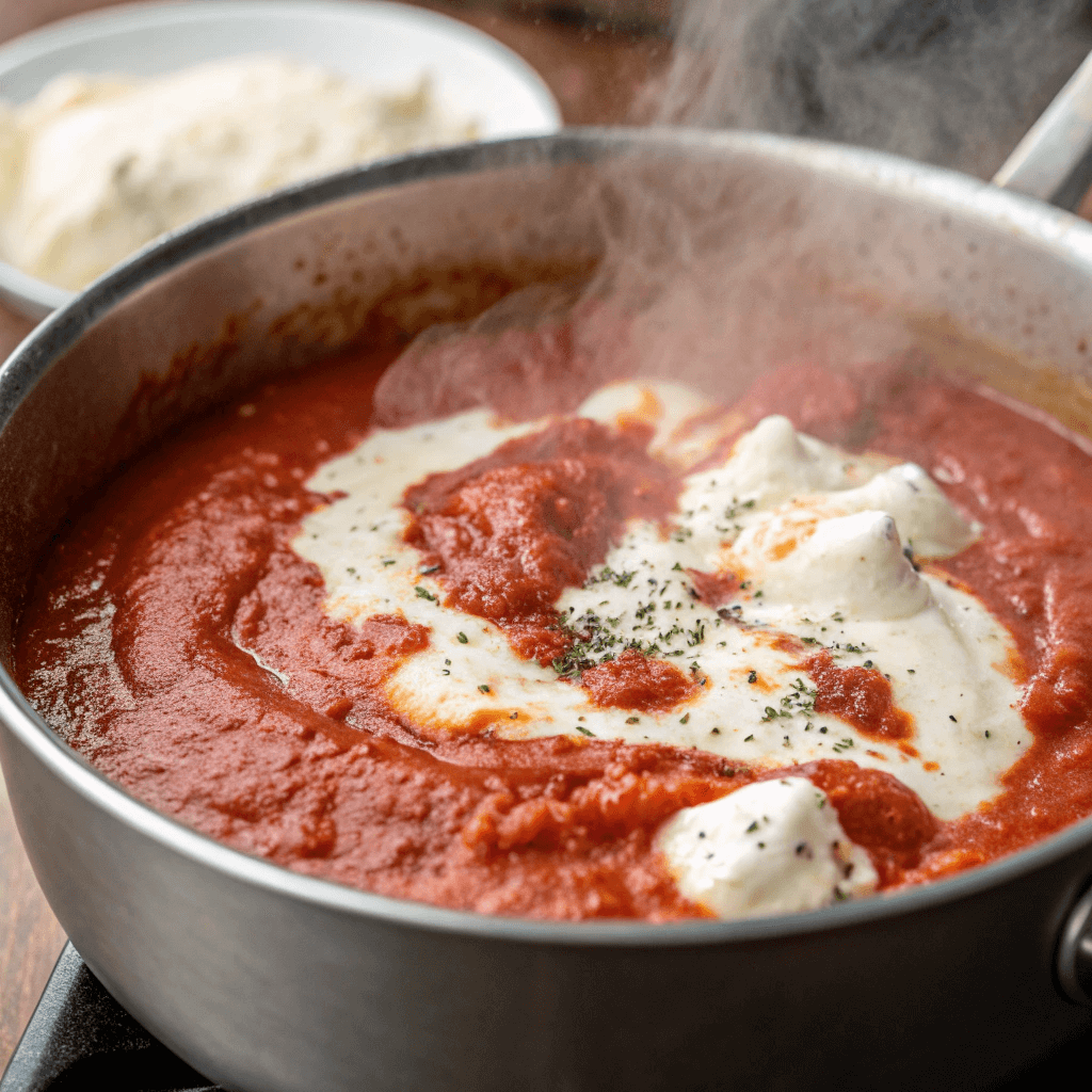 Creamy rosé sauce bubbling in saucepan