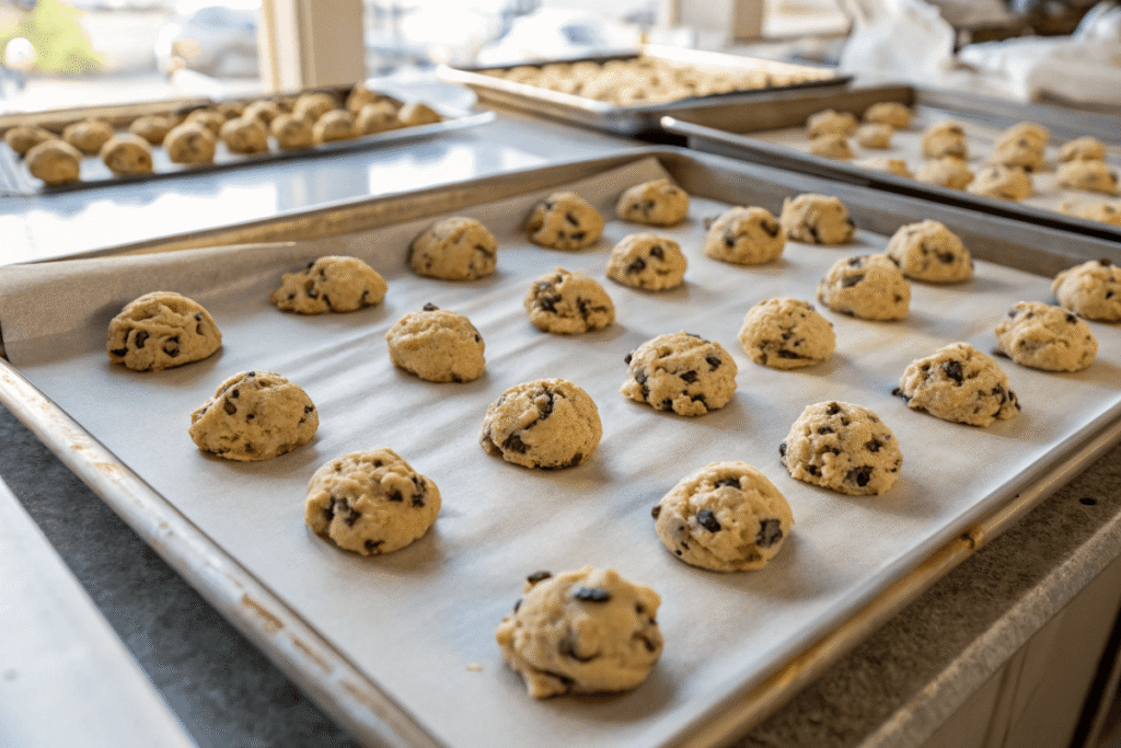 Unbaked chocolate chip cookies on tray	