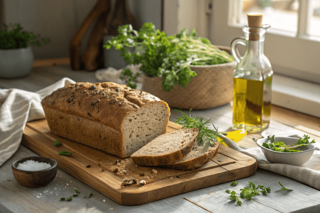 Gluten free buckwheat bread loaf on wooden board