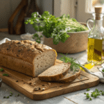 Gluten free buckwheat bread loaf on wooden board