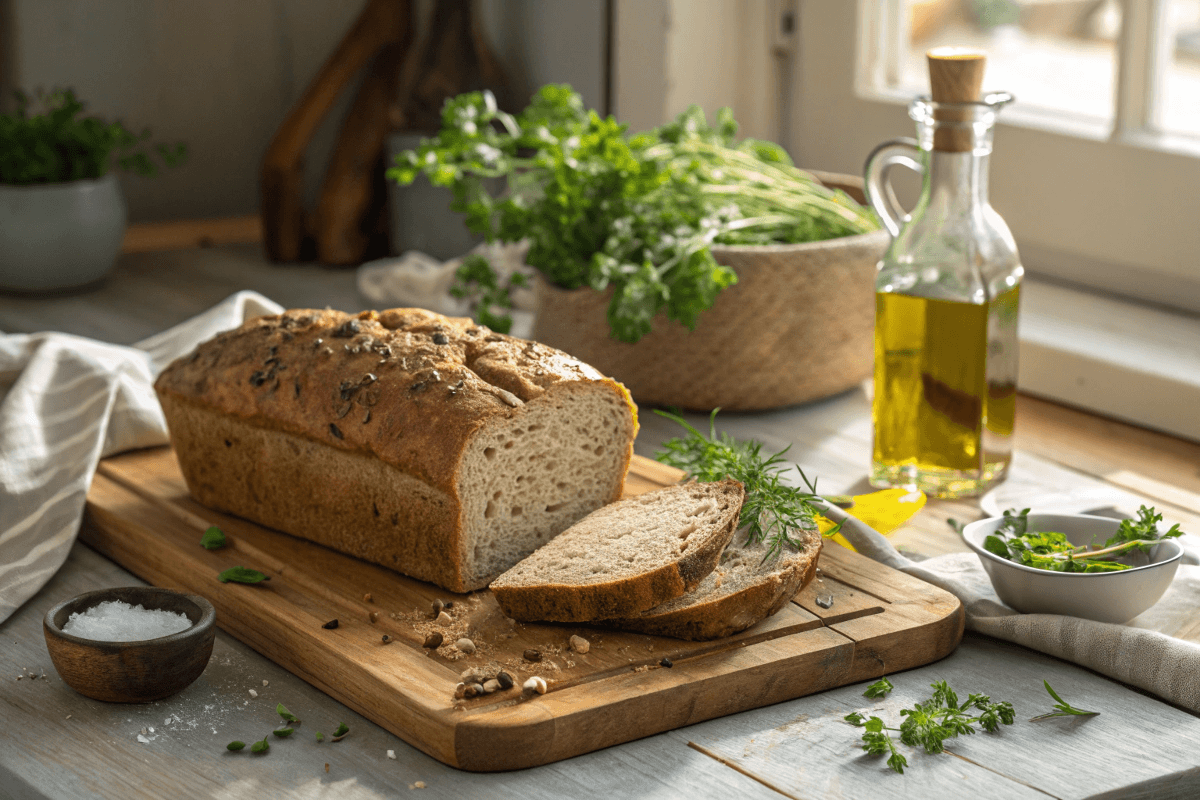 Gluten free buckwheat bread loaf on wooden board