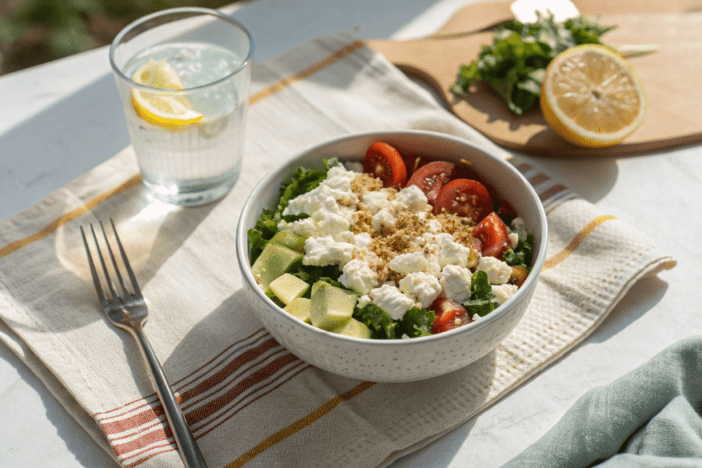 Served Cottage Cheese Bowl with Lemon Water