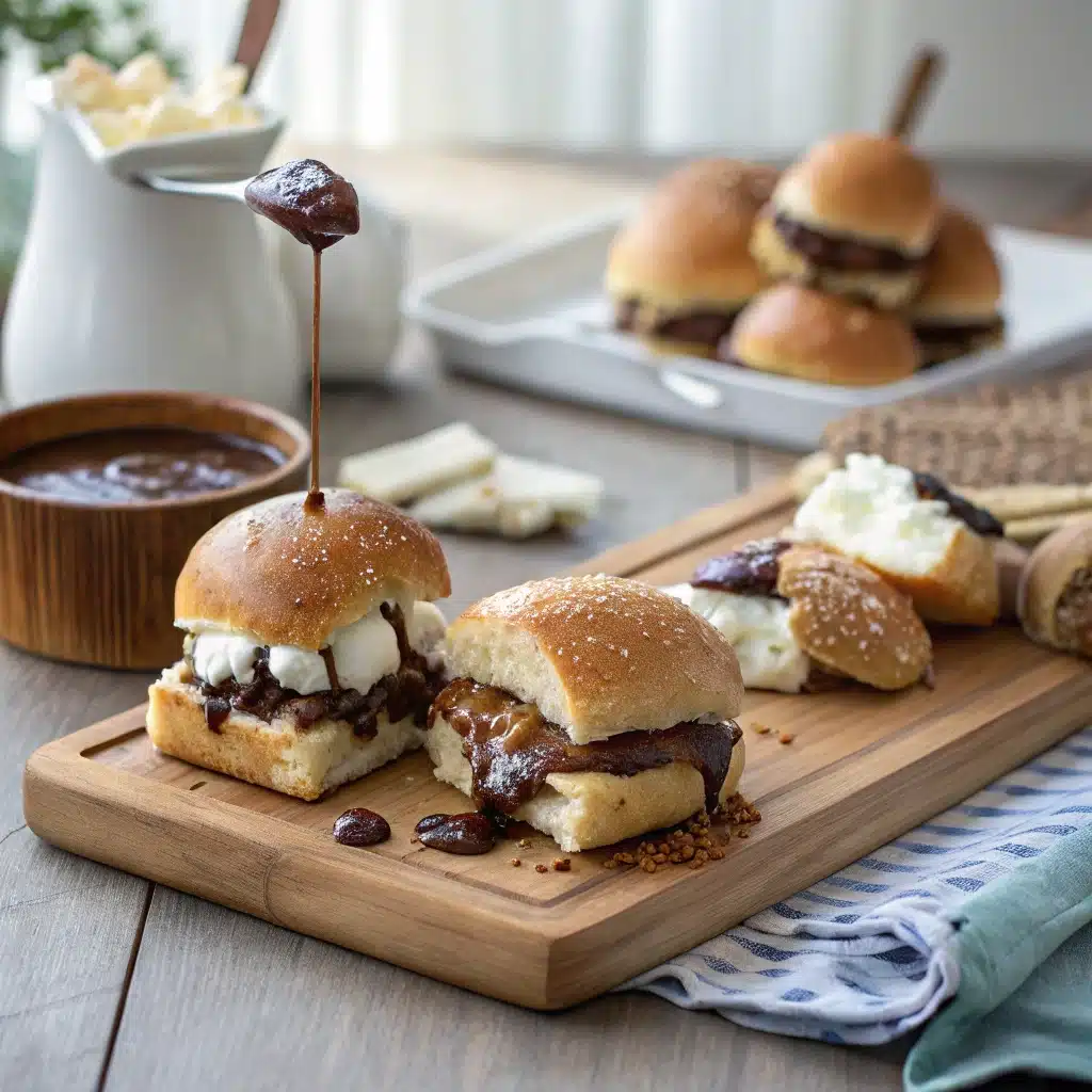 Gooey smores sliders being pulled apart for serving