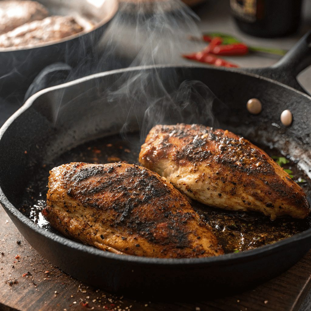 Sizzling blackened chicken breasts in skillet	
