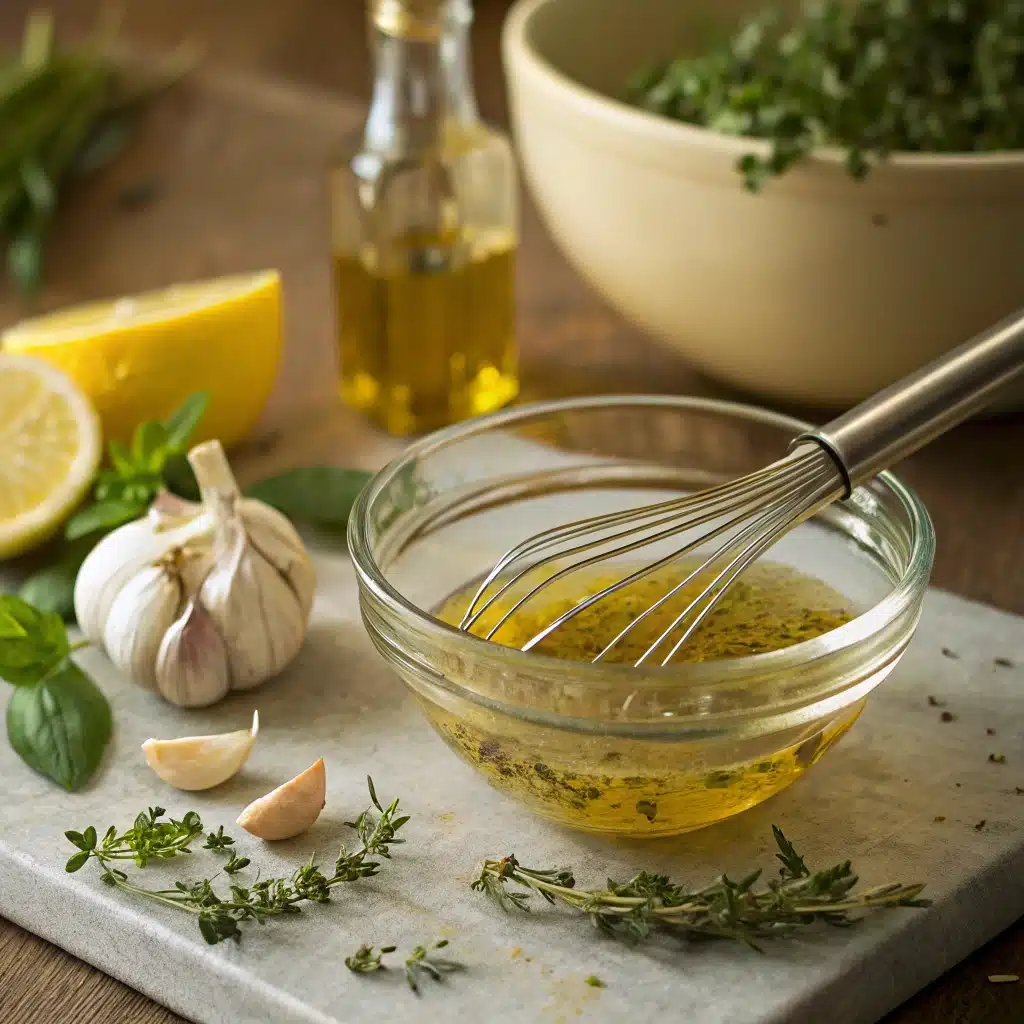 Whisking salad dressing in glass bowl