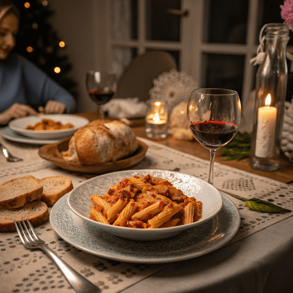 Final dish of spicy penne rosé with bread