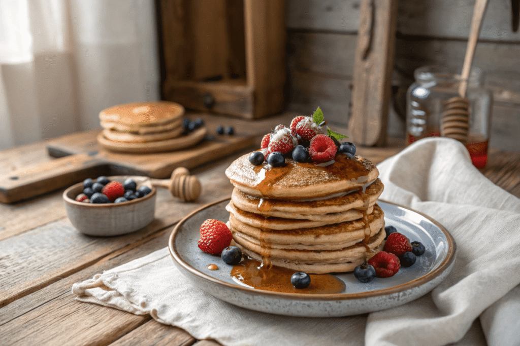 Stack of buckwheat pancakes with syrup
