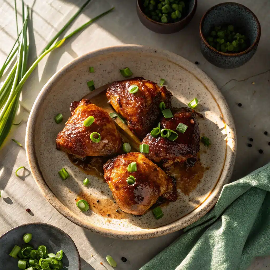 Glazed honey chipotle chicken thighs on a plate