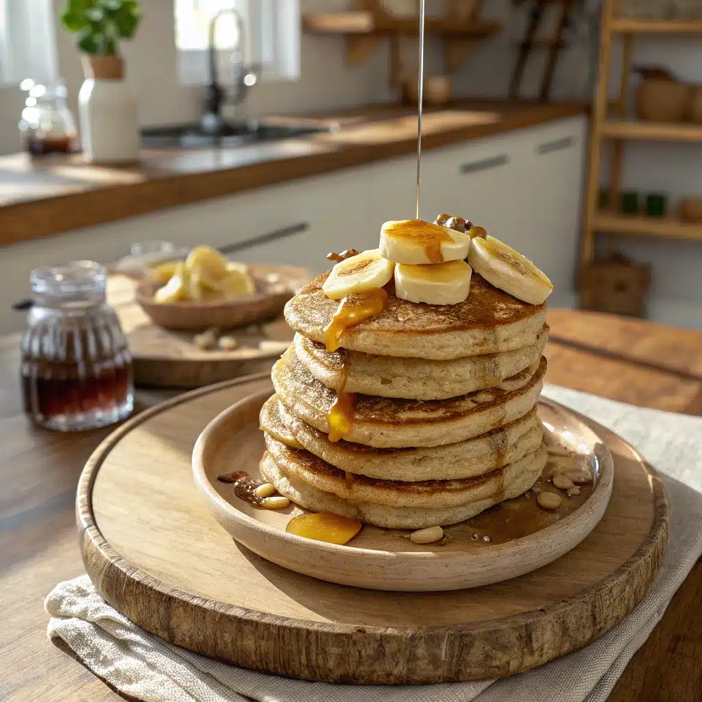 Stack of flourless protein powder pancakes