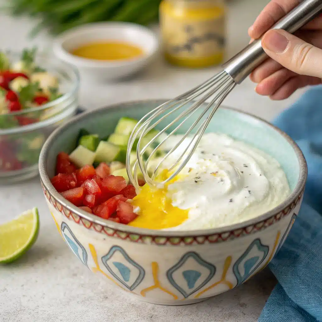Whisking Greek yogurt dressing