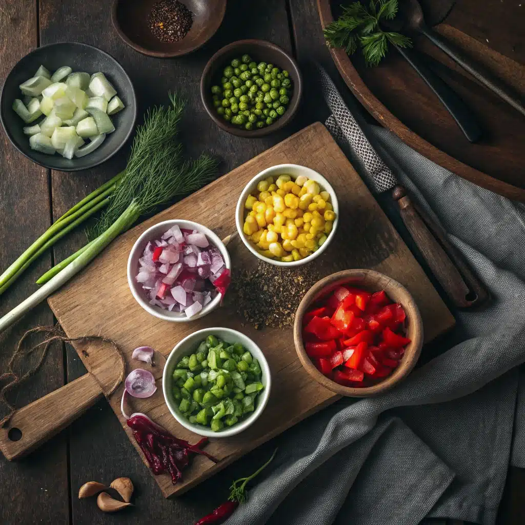 Fresh veggies for macaroni salad prep