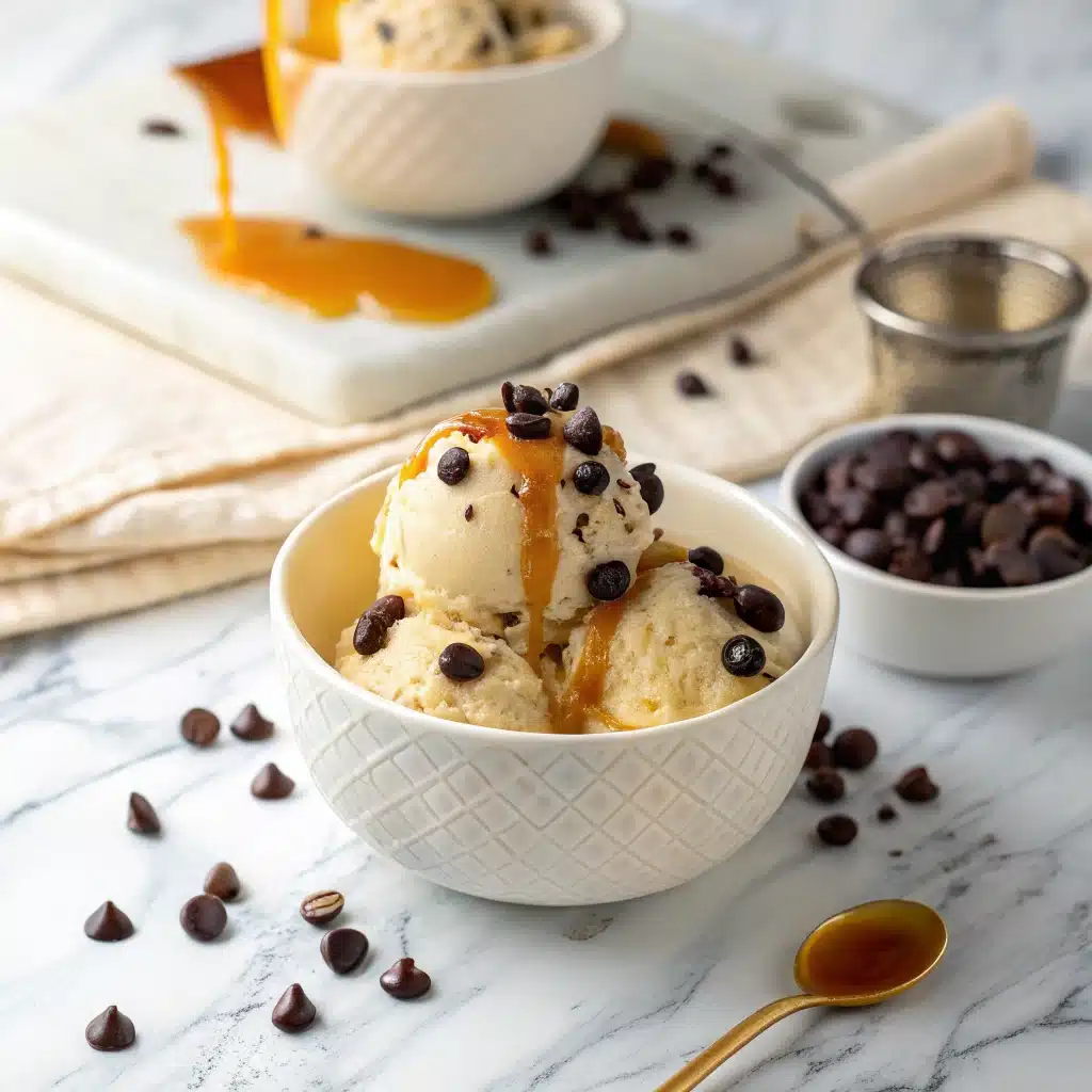 Ice cream with honey drizzle and chocolate chips