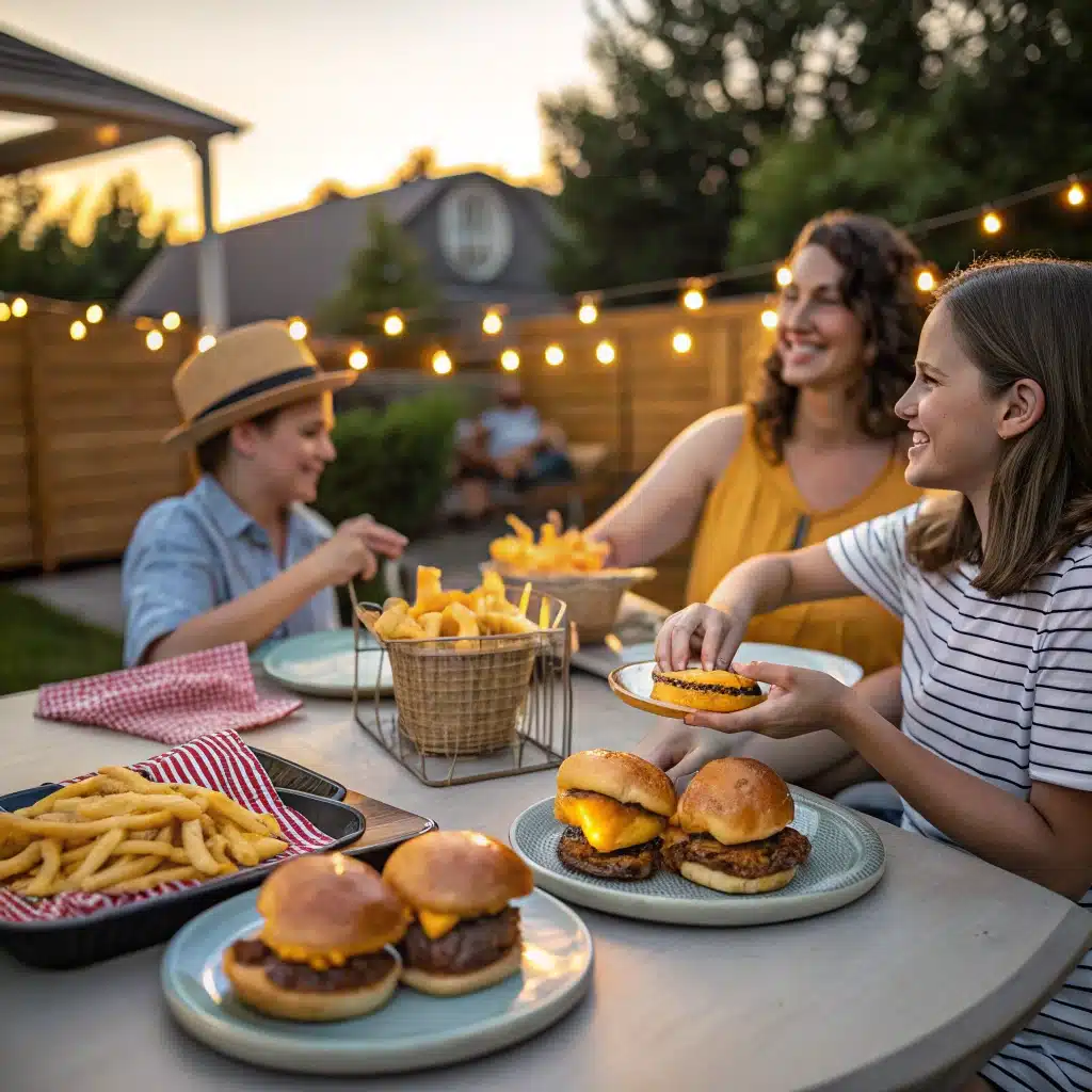 Family enjoying bacon cheddar burgers